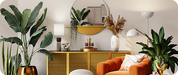 Warm interior with natural plants, a round mirror and an orange armchair